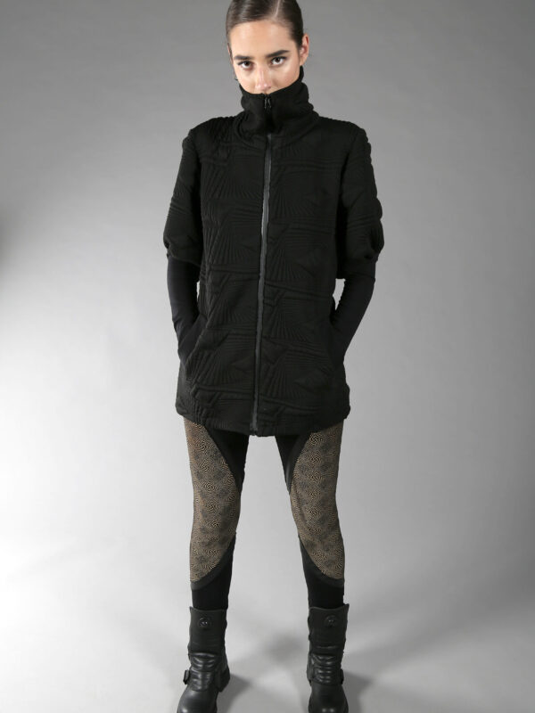 one layered thick women jacket with 2 pockets, long torso fit, finger holes, high neck.