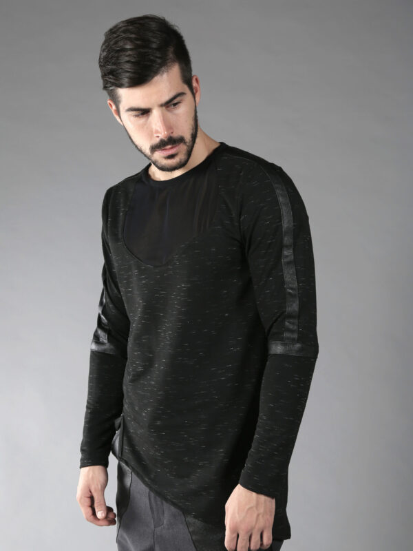 Black men pullover made out of soft cotton lycra fabric which feels nice on your skin. This asymmetric top is designed with fake leather stripes and net free-form parts on front and back