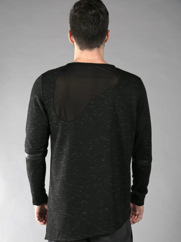 Black men pullover made out of soft cotton lycra fabric which feels nice on your skin. This asymmetric top is designed with fake leather stripes and net free-form parts on front and back