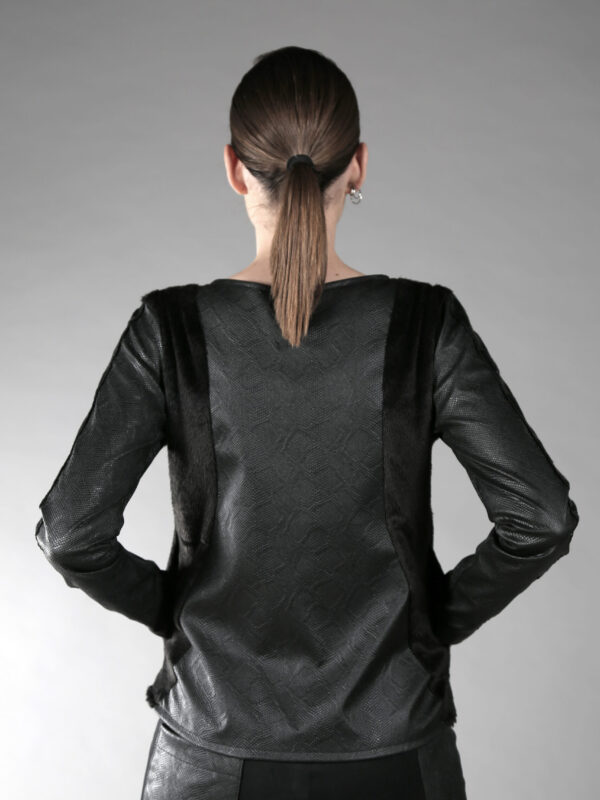 Black short jacket designed with fake leather. With lining.