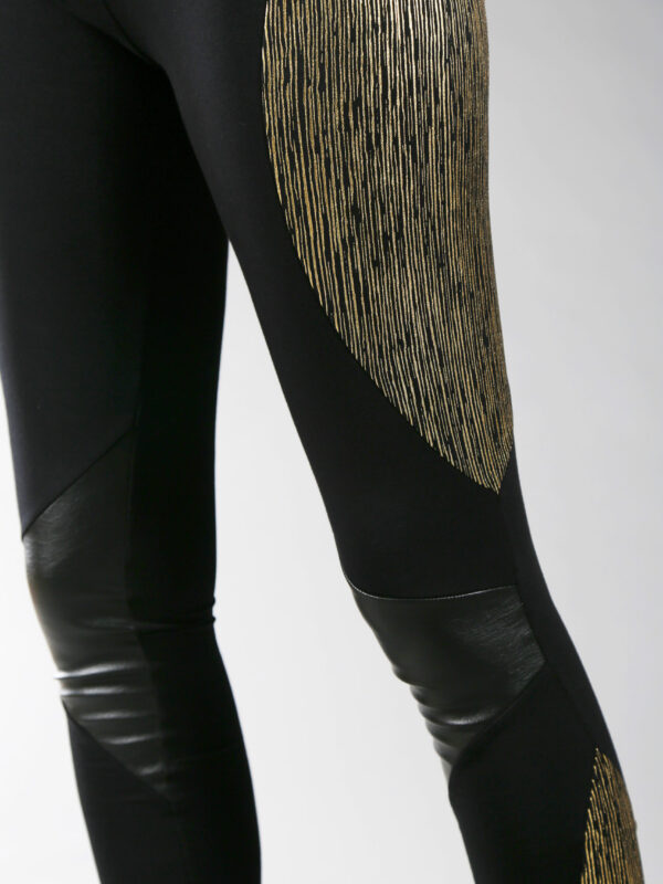 Cotton lycra leggings designed with fake leather and golden fabric. stretchable leggings comfortable for yoga