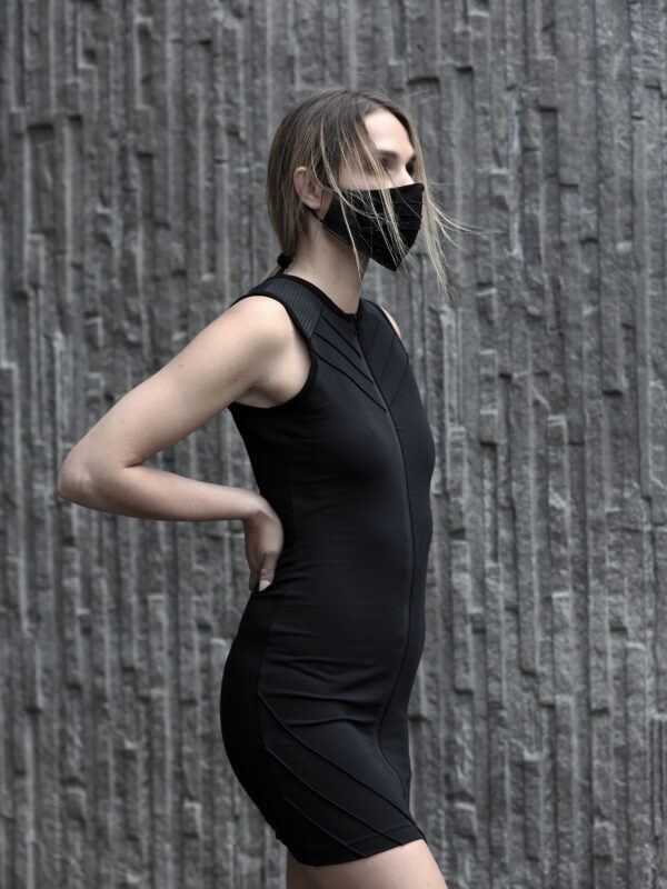 Black cotton lycra dress designed with vegan leather. Full front zipper dress for women in love with dark fashion, alternative, and apocalyptic style. A perfect dress for underground parties.