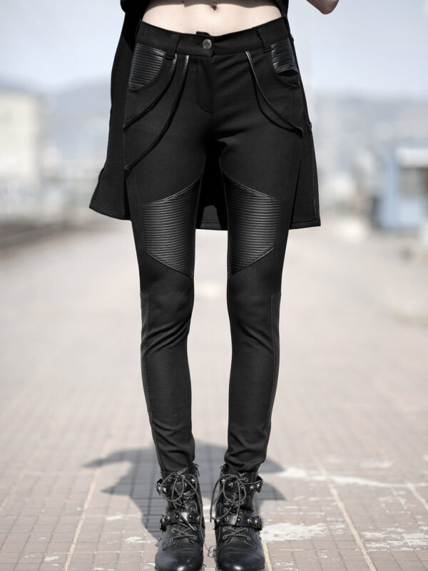 Black jeans designed with fake leather. Tight fit. Unique autumn/winter designer pants. Cyberpunk.